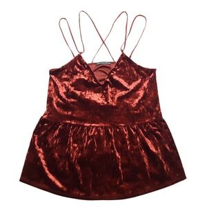 Harlowe Graham Top Womens Medium Red Burgundy Velvet Peplum Crisscross Straps